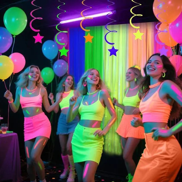 Alt view image 2 of 7 - 4 Packs Glow in the Dark Foil Fringe Curtain, Macaron Rainbow Blacklight Reactive Fluorescent Tinsel Backdrop Neon Luminous Streamers for Birthday, Wedding, Neon Party, Glow Party Decorations Supplies
