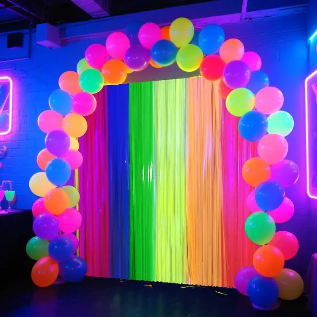 Alt view image 7 of 7 - 4 Packs Glow in the Dark Foil Fringe Curtain, Macaron Rainbow Blacklight Reactive Fluorescent Tinsel Backdrop Neon Luminous Streamers for Birthday, Wedding, Neon Party, Glow Party Decorations Supplies