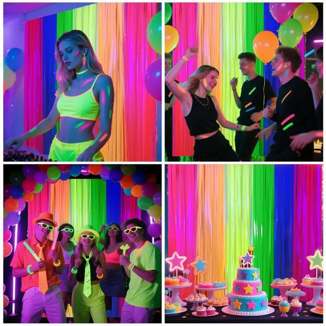 Alt view image 4 of 7 - 4 Packs Glow in the Dark Foil Fringe Curtain, Macaron Rainbow Blacklight Reactive Fluorescent Tinsel Backdrop Neon Luminous Streamers for Birthday, Wedding, Neon Party, Glow Party Decorations Supplies