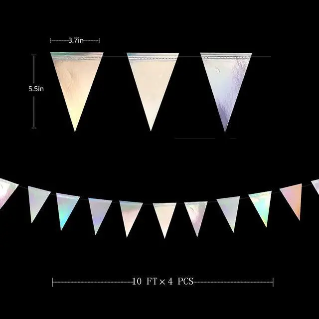 Alt view image 2 of 6 - 40Ft Iridescent Party Decorations Holographic Hanging Triangle Pennant Banner Flag Bunting Garland for Graduation Birthday Anniversary Engagement Wedding Bridal Baby Shower Disco Hen Party Supplies