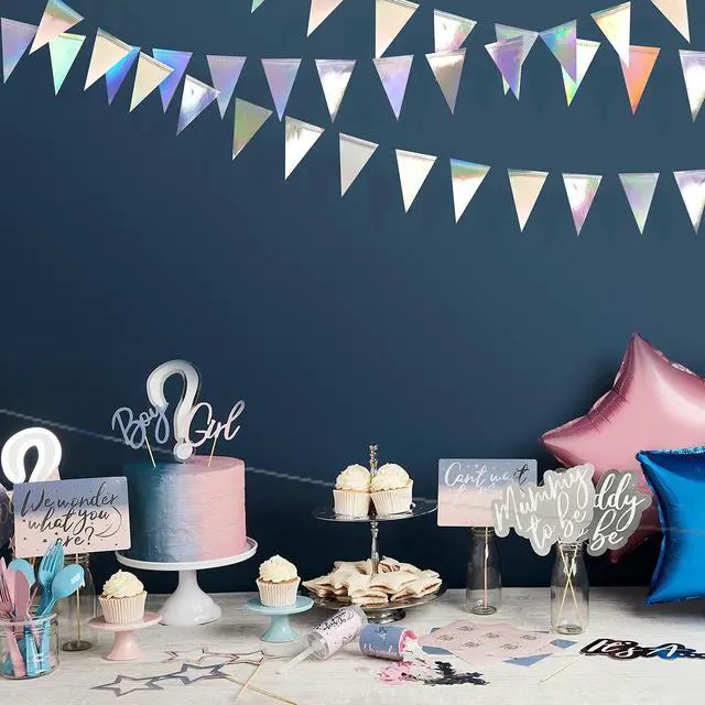 Alt view image 3 of 6 - 40Ft Iridescent Party Decorations Holographic Hanging Triangle Pennant Banner Flag Bunting Garland for Graduation Birthday Anniversary Engagement Wedding Bridal Baby Shower Disco Hen Party Supplies