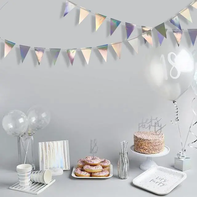 Alt view image 4 of 6 - 40Ft Iridescent Party Decorations Holographic Hanging Triangle Pennant Banner Flag Bunting Garland for Graduation Birthday Anniversary Engagement Wedding Bridal Baby Shower Disco Hen Party Supplies
