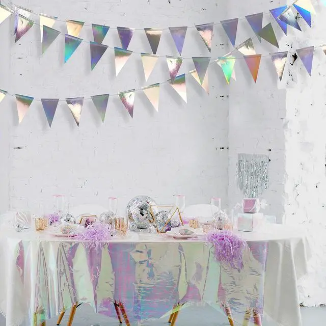 Alt view image 5 of 6 - 40Ft Iridescent Party Decorations Holographic Hanging Triangle Pennant Banner Flag Bunting Garland for Graduation Birthday Anniversary Engagement Wedding Bridal Baby Shower Disco Hen Party Supplies