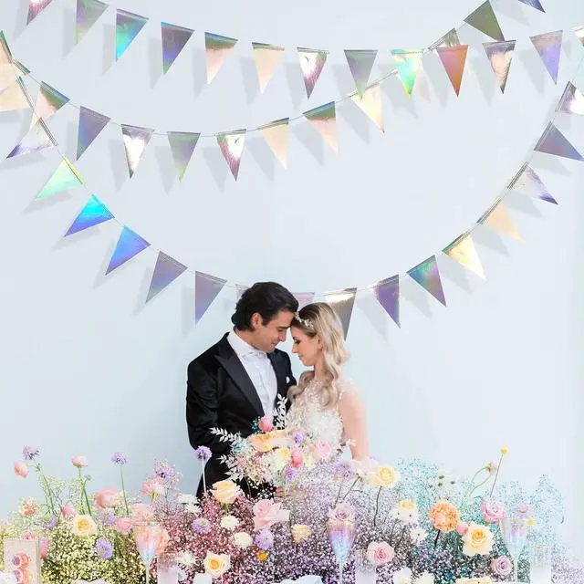 Alt view image 6 of 6 - 40Ft Iridescent Party Decorations Holographic Hanging Triangle Pennant Banner Flag Bunting Garland for Graduation Birthday Anniversary Engagement Wedding Bridal Baby Shower Disco Hen Party Supplies