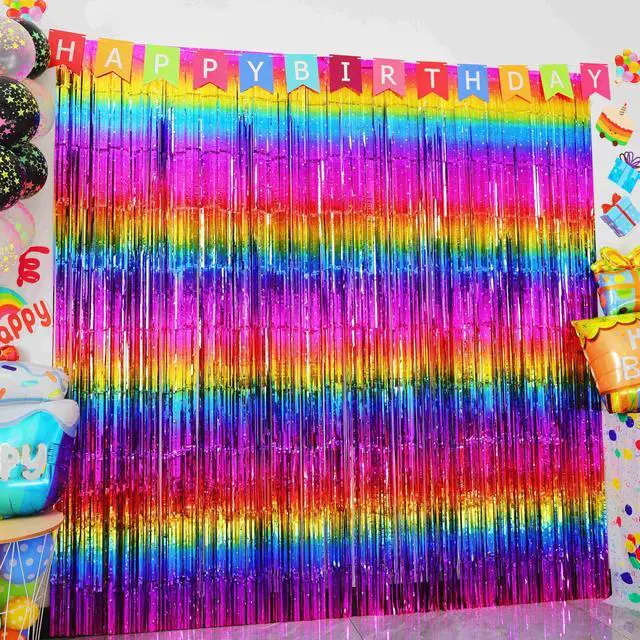 Alt view image 2 of 7 - Pack of 4 Sparkly Neon Rainbow Foil Fringe Curtain Backdrop Metallic Streamers Photo Booth Props for Birthday Bachelorette Gay Pride Day Graduation Wedding 80s 90s Disco Party Decorations -3.3x6.6Ft