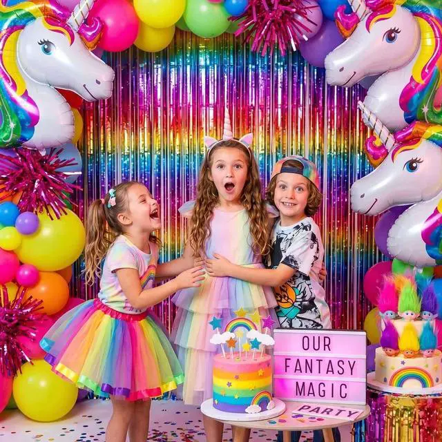 Alt view image 4 of 7 - Pack of 4 Sparkly Neon Rainbow Foil Fringe Curtain Backdrop Metallic Streamers Photo Booth Props for Birthday Bachelorette Gay Pride Day Graduation Wedding 80s 90s Disco Party Decorations -3.3x6.6Ft