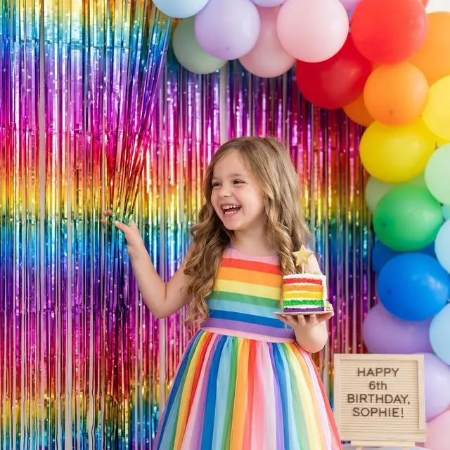 Alt view image 3 of 7 - Pack of 4 Sparkly Neon Rainbow Foil Fringe Curtain Backdrop Metallic Streamers Photo Booth Props for Birthday Bachelorette Gay Pride Day Graduation Wedding 80s 90s Disco Party Decorations -3.3x6.6Ft