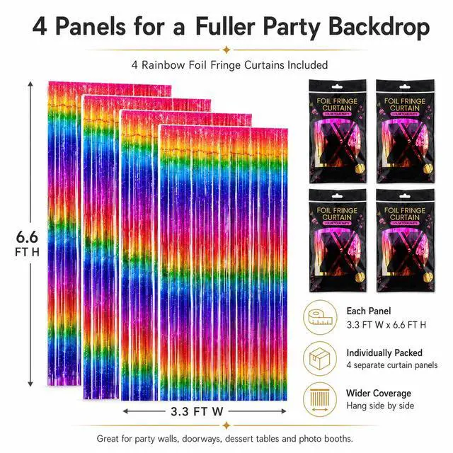Alt view image 5 of 7 - Pack of 4 Sparkly Neon Rainbow Foil Fringe Curtain Backdrop Metallic Streamers Photo Booth Props for Birthday Bachelorette Gay Pride Day Graduation Wedding 80s 90s Disco Party Decorations -3.3x6.6Ft