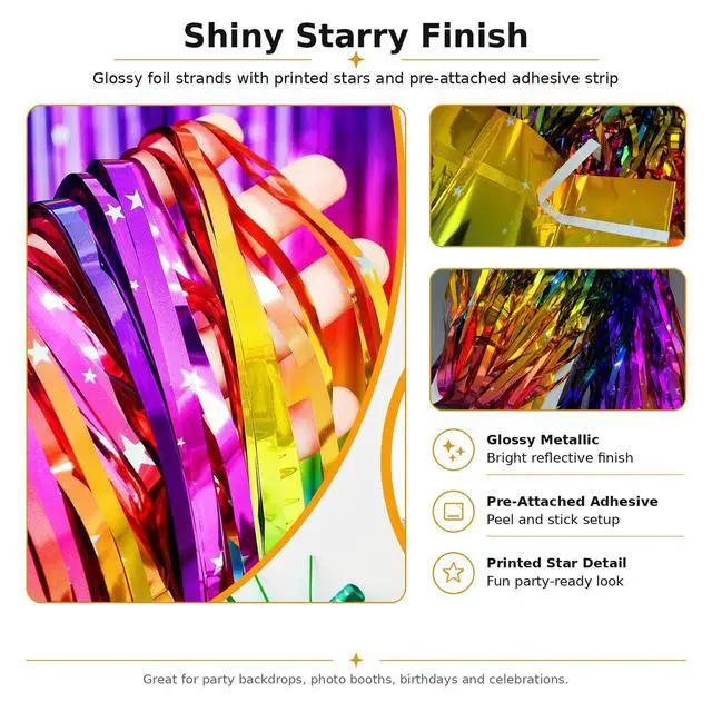 Alt view image 6 of 7 - Pack of 4 Sparkly Neon Rainbow Foil Fringe Curtain Backdrop Metallic Streamers Photo Booth Props for Birthday Bachelorette Gay Pride Day Graduation Wedding 80s 90s Disco Party Decorations -3.3x6.6Ft