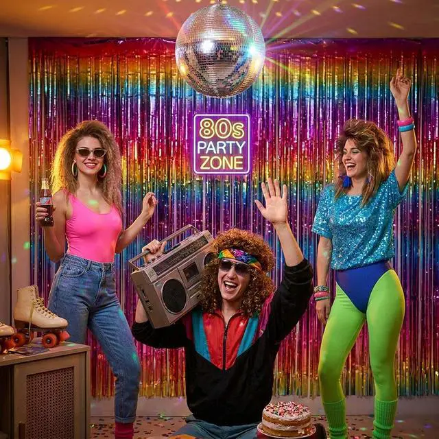 Alt view image 7 of 7 - Pack of 4 Sparkly Neon Rainbow Foil Fringe Curtain Backdrop Metallic Streamers Photo Booth Props for Birthday Bachelorette Gay Pride Day Graduation Wedding 80s 90s Disco Party Decorations -3.3x6.6Ft