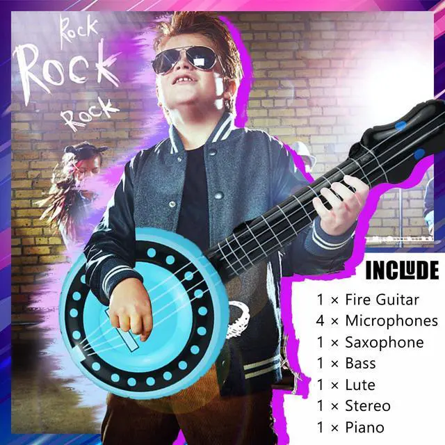 Alt view image 3 of 6 - 10 Pieces Inflatable Instruments Party Props Set Photo Booth Props Inflatable Guitar Saxophone Bass Lute Microphone Recorder Piano Theme Party Rock Toys Decorated Vintage Period Party