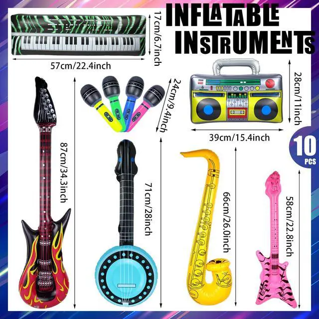 Alt view image 2 of 6 - 10 Pieces Inflatable Instruments Party Props Set Photo Booth Props Inflatable Guitar Saxophone Bass Lute Microphone Recorder Piano Theme Party Rock Toys Decorated Vintage Period Party