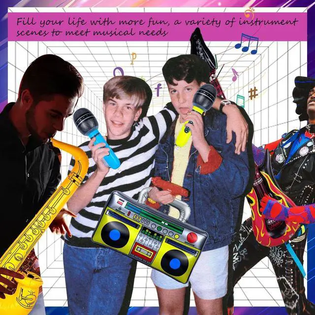 Alt view image 4 of 6 - 10 Pieces Inflatable Instruments Party Props Set Photo Booth Props Inflatable Guitar Saxophone Bass Lute Microphone Recorder Piano Theme Party Rock Toys Decorated Vintage Period Party