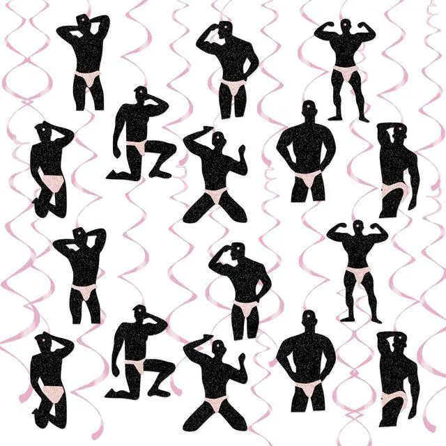 Main image of 30 Pcs Funny Dancer Hanging Swirls Decoration, Muscle Man Silhouette Ceiling Ornaments with Pink Foil Swirls for Bachelorette Party, Girls Night Out, Hen Do, Bridal Shower, and Birthday Party Supplies