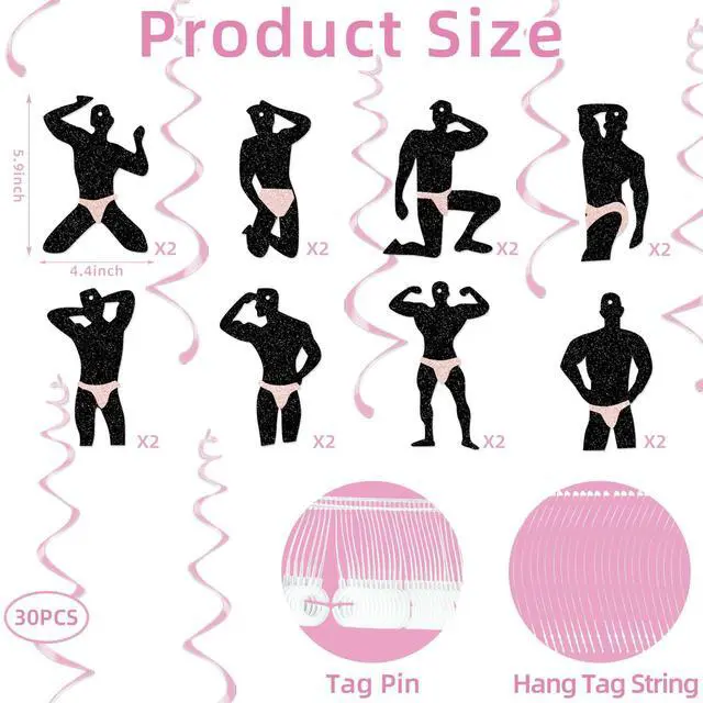 Alt view image 2 of 7 - 30 Pcs Funny Dancer Hanging Swirls Decoration, Muscle Man Silhouette Ceiling Ornaments with Pink Foil Swirls for Bachelorette Party, Girls Night Out, Hen Do, Bridal Shower, and Birthday Party Supplies