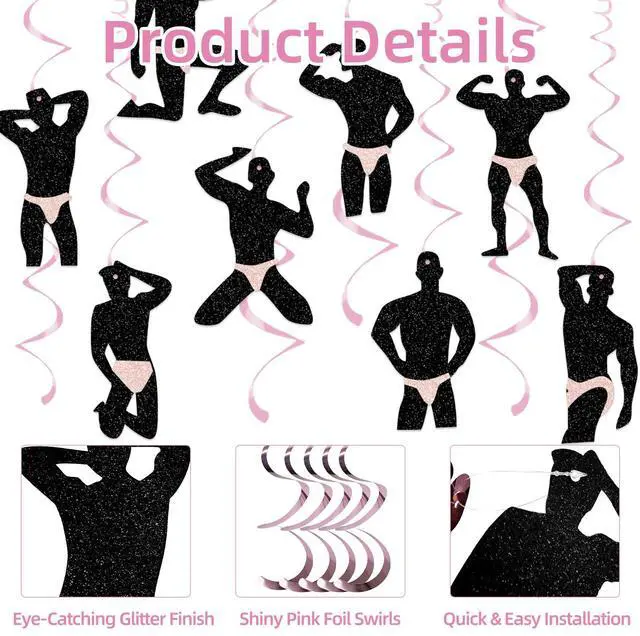 Alt view image 3 of 7 - 30 Pcs Funny Dancer Hanging Swirls Decoration, Muscle Man Silhouette Ceiling Ornaments with Pink Foil Swirls for Bachelorette Party, Girls Night Out, Hen Do, Bridal Shower, and Birthday Party Supplies