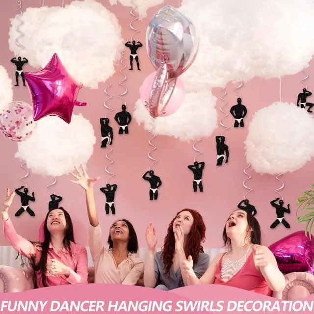 Alt view image 6 of 7 - 30 Pcs Funny Dancer Hanging Swirls Decoration, Muscle Man Silhouette Ceiling Ornaments with Pink Foil Swirls for Bachelorette Party, Girls Night Out, Hen Do, Bridal Shower, and Birthday Party Supplies