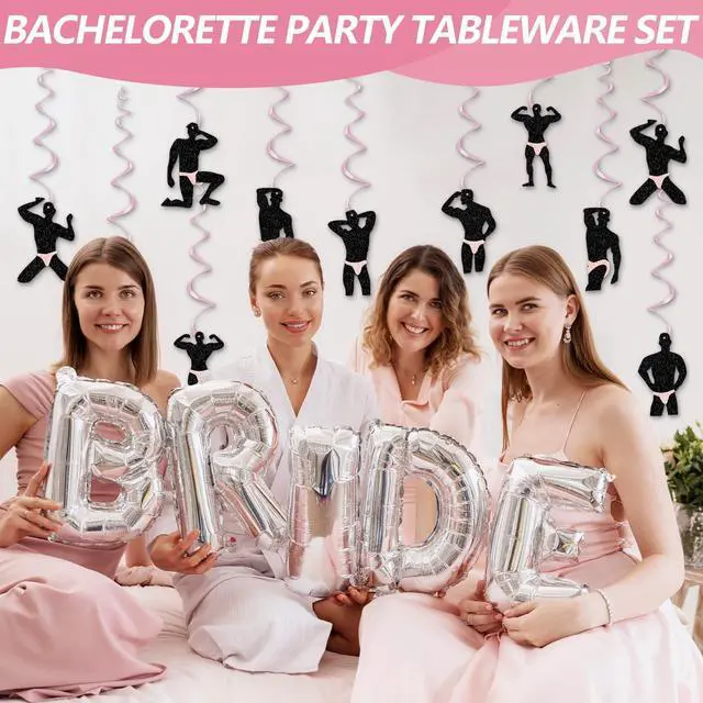 Alt view image 7 of 7 - 30 Pcs Funny Dancer Hanging Swirls Decoration, Muscle Man Silhouette Ceiling Ornaments with Pink Foil Swirls for Bachelorette Party, Girls Night Out, Hen Do, Bridal Shower, and Birthday Party Supplies