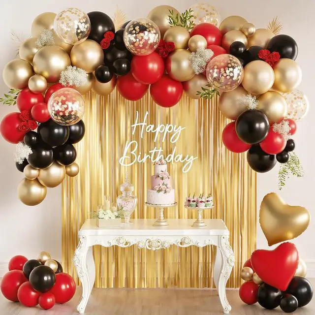 Main image of 157Pcs Red Black Gold Balloons Garland Arch Kit with Glitter Fringe Curtain Backdrop for Adults Masquerade Halloween New Year Eve Casino Birthday Party Decorations