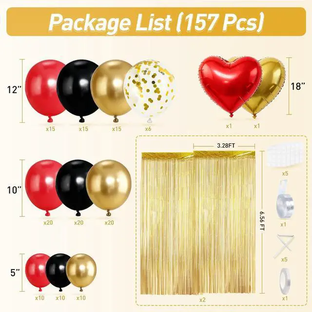 Alt view image 2 of 7 - 157Pcs Red Black Gold Balloons Garland Arch Kit with Glitter Fringe Curtain Backdrop for Adults Masquerade Halloween New Year Eve Casino Birthday Party Decorations