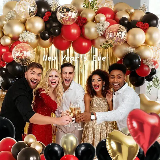Alt view image 7 of 7 - 157Pcs Red Black Gold Balloons Garland Arch Kit with Glitter Fringe Curtain Backdrop for Adults Masquerade Halloween New Year Eve Casino Birthday Party Decorations