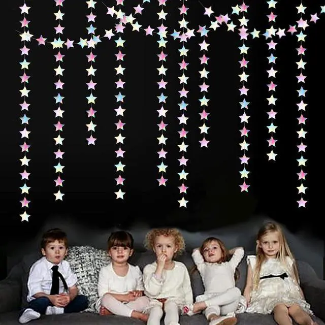 Alt view image 4 of 7 - Iridescent Disco-Holographic Party-Decorations Christmas Garland - 62ft Twinkle Little Star Streamers Hanging Banner,Wedding Birthday Bachelorette Baby Bridal Shower Decor Hugtmr