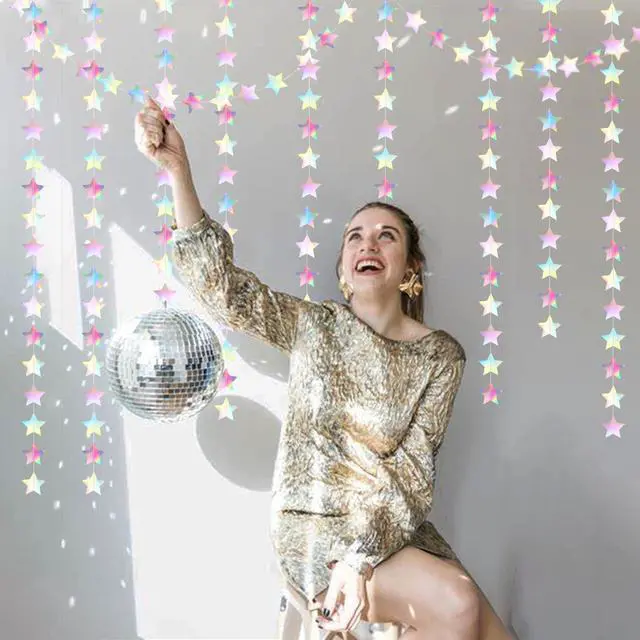 Alt view image 5 of 7 - Iridescent Disco-Holographic Party-Decorations Christmas Garland - 62ft Twinkle Little Star Streamers Hanging Banner,Wedding Birthday Bachelorette Baby Bridal Shower Decor Hugtmr