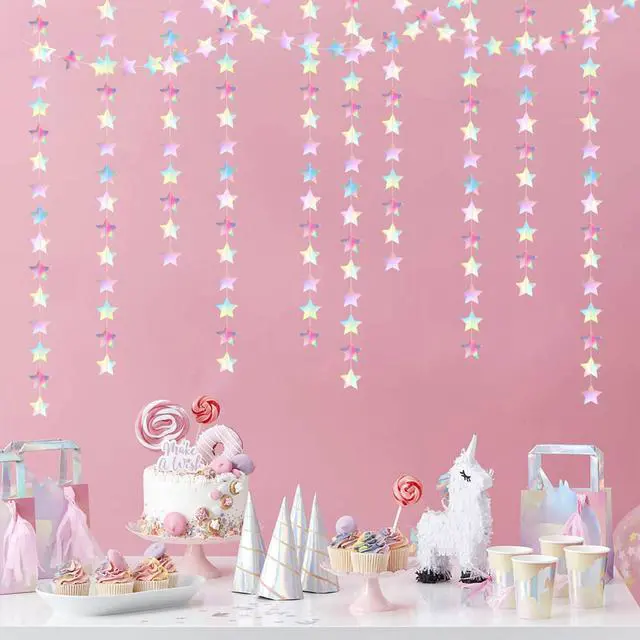 Alt view image 7 of 7 - Iridescent Disco-Holographic Party-Decorations Christmas Garland - 62ft Twinkle Little Star Streamers Hanging Banner,Wedding Birthday Bachelorette Baby Bridal Shower Decor Hugtmr