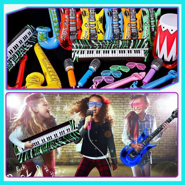 Alt view image 6 of 7 - Inflatable Rock Star Toy Set, 30 PCS 80s 90s Party Decorations Inflatable Party Props Musical Instrument Blow up Guitar Inflate Rock Band for Carnival Party Favors Rock and Roll Party Supplies