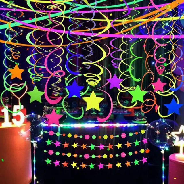 Alt view image 3 of 7 - 56 Pieces UV Hanging Swirls Decorations Paper Neon Streamer for Ceiling Star Neon Garlands Black Light Neon Decorations for Dark Glow Party Supplies and Decorations Birthday Neon Party Favors
