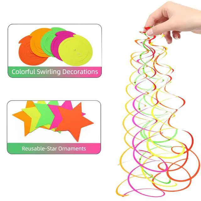 Alt view image 4 of 7 - 56 Pieces UV Hanging Swirls Decorations Paper Neon Streamer for Ceiling Star Neon Garlands Black Light Neon Decorations for Dark Glow Party Supplies and Decorations Birthday Neon Party Favors