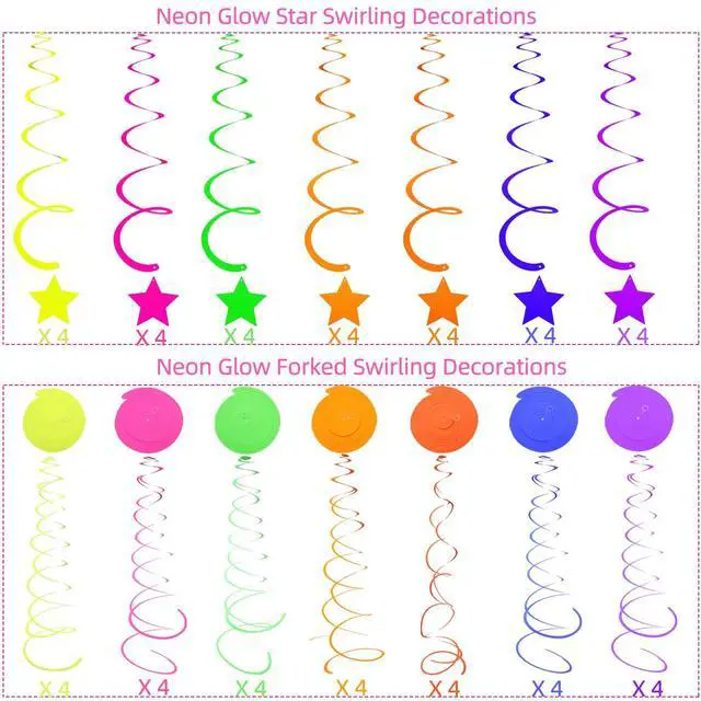 Alt view image 5 of 7 - 56 Pieces UV Hanging Swirls Decorations Paper Neon Streamer for Ceiling Star Neon Garlands Black Light Neon Decorations for Dark Glow Party Supplies and Decorations Birthday Neon Party Favors