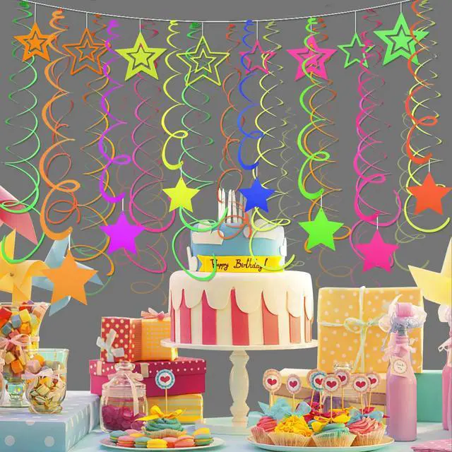 Alt view image 6 of 7 - 56 Pieces UV Hanging Swirls Decorations Paper Neon Streamer for Ceiling Star Neon Garlands Black Light Neon Decorations for Dark Glow Party Supplies and Decorations Birthday Neon Party Favors