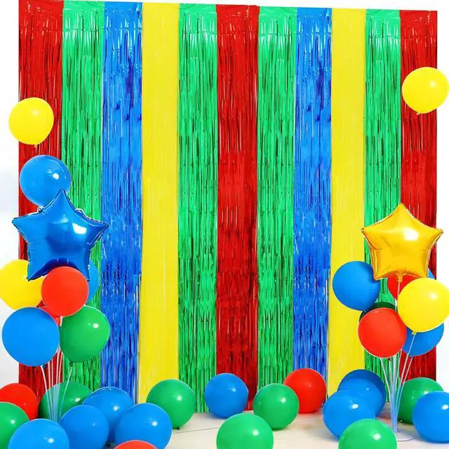 Main image of 3Pcs Red Green Blue Yellow Streamer Backdrop Foil Fringe Tinsel Curtains Backdrops for Super Bros Birthday Video Game Baby Shower Decorations Party Supplies (3.28 ft x 6.56 ft)
