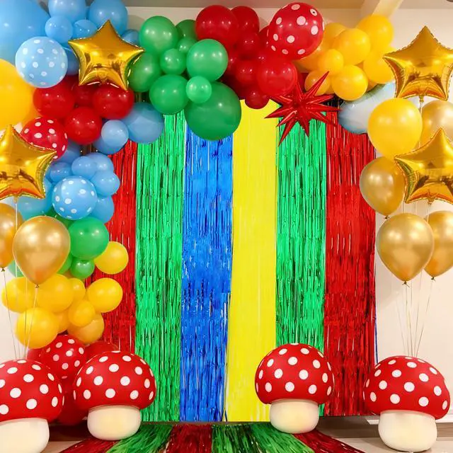 Alt view image 3 of 5 - 3Pcs Red Green Blue Yellow Streamer Backdrop Foil Fringe Tinsel Curtains Backdrops for Super Bros Birthday Video Game Baby Shower Decorations Party Supplies (3.28 ft x 6.56 ft)