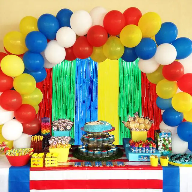 Alt view image 5 of 5 - 3Pcs Red Green Blue Yellow Streamer Backdrop Foil Fringe Tinsel Curtains Backdrops for Super Bros Birthday Video Game Baby Shower Decorations Party Supplies (3.28 ft x 6.56 ft)