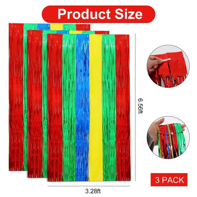 Alt view image 2 of 5 - 3Pcs Red Green Blue Yellow Streamer Backdrop Foil Fringe Tinsel Curtains Backdrops for Super Bros Birthday Video Game Baby Shower Decorations Party Supplies (3.28 ft x 6.56 ft)