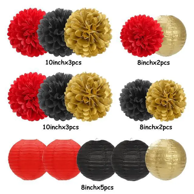 Alt view image 2 of 7 - Red-Black Gold Party-Decorations Paper Flowers Lanterns - 15PCS Casino Theme Halloween Tissue Pom Poms Streamers,Game Night Women Men Birthday Wedding Bachelorette Hanging Supplies Decor Hugfond