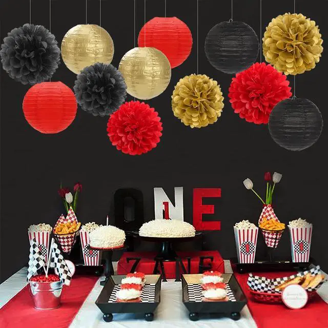 Alt view image 3 of 7 - Red-Black Gold Party-Decorations Paper Flowers Lanterns - 15PCS Casino Theme Halloween Tissue Pom Poms Streamers,Game Night Women Men Birthday Wedding Bachelorette Hanging Supplies Decor Hugfond