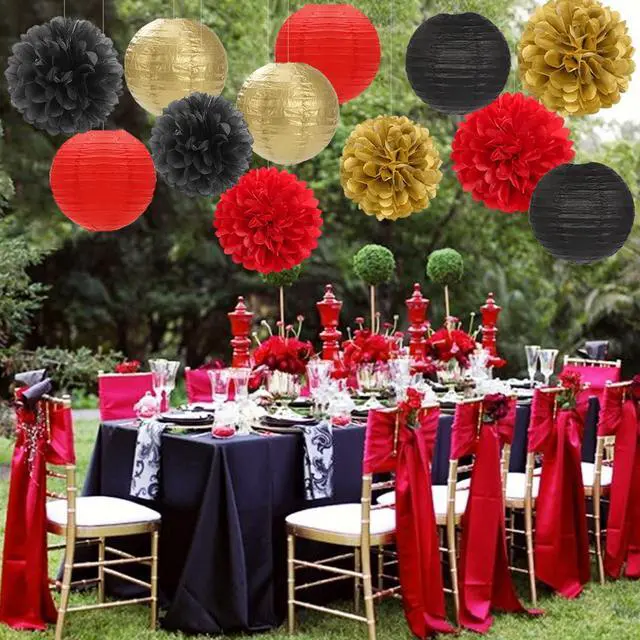 Alt view image 4 of 7 - Red-Black Gold Party-Decorations Paper Flowers Lanterns - 15PCS Casino Theme Halloween Tissue Pom Poms Streamers,Game Night Women Men Birthday Wedding Bachelorette Hanging Supplies Decor Hugfond