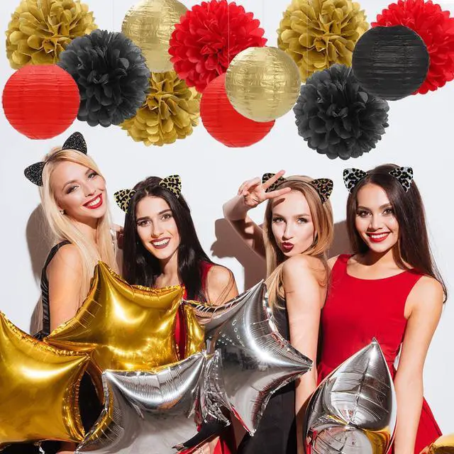 Alt view image 6 of 7 - Red-Black Gold Party-Decorations Paper Flowers Lanterns - 15PCS Casino Theme Halloween Tissue Pom Poms Streamers,Game Night Women Men Birthday Wedding Bachelorette Hanging Supplies Decor Hugfond