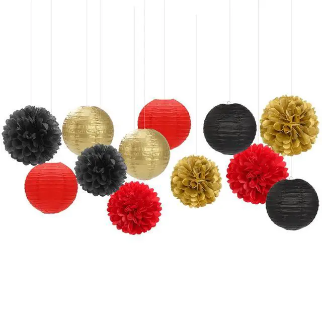 Alt view image 7 of 7 - Red-Black Gold Party-Decorations Paper Flowers Lanterns - 15PCS Casino Theme Halloween Tissue Pom Poms Streamers,Game Night Women Men Birthday Wedding Bachelorette Hanging Supplies Decor Hugfond