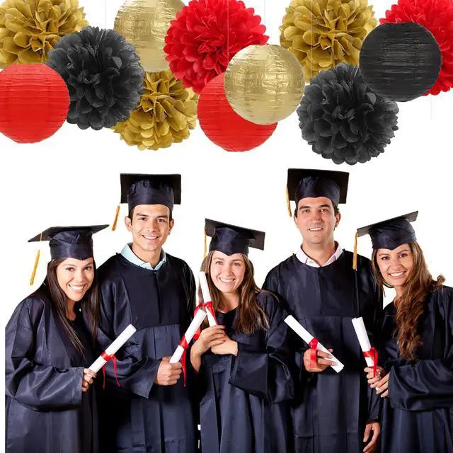 Alt view image 5 of 7 - Red-Black Gold Party-Decorations Paper Flowers Lanterns - 15PCS Casino Theme Halloween Tissue Pom Poms Streamers,Game Night Women Men Birthday Wedding Bachelorette Hanging Supplies Decor Hugfond