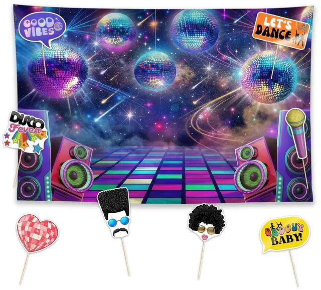Main image of Disc Retro Glow Party Decorations Set - 9 Piece Kit with 59"x35" Backdrop, 8 Photo Booth Props, Supplies, Favors for Men Women Boyfriend Girlfriend Husband Wife Decor