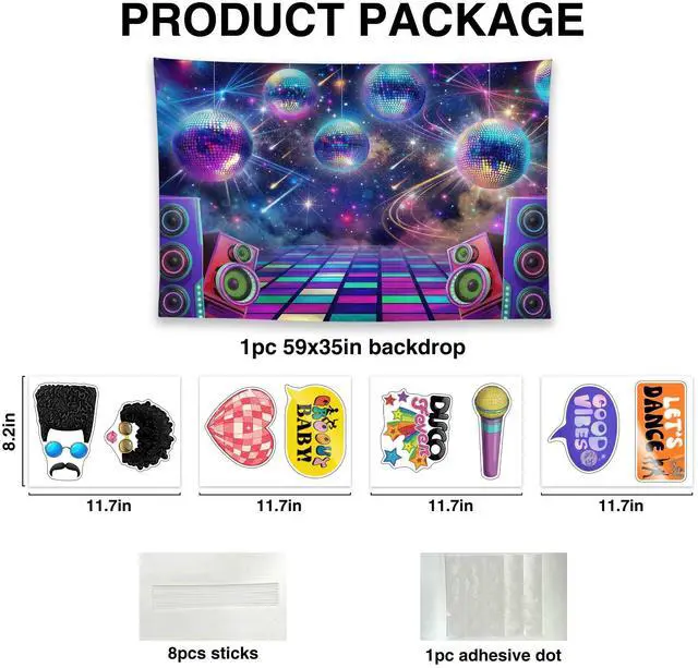 Alt view image 2 of 5 - Disc Retro Glow Party Decorations Set - 9 Piece Kit with 59"x35" Backdrop, 8 Photo Booth Props, Supplies, Favors for Men Women Boyfriend Girlfriend Husband Wife Decor