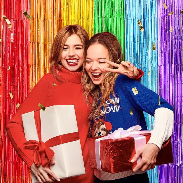 Alt view image 2 of 7 - Rainbow Metallic Tinsel Foil Fringe Curtains Backdrop 2Pack 3.3x8.3Ft Party Streamers for Birthday Party Decorations Halloween Christmas Decors Foil Curtain Backdrop for Bachelorette Bridal Party