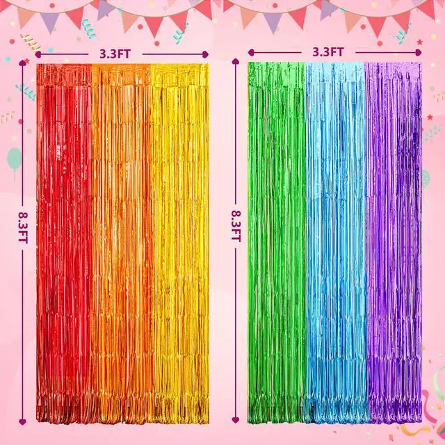 Alt view image 3 of 7 - Rainbow Metallic Tinsel Foil Fringe Curtains Backdrop 2Pack 3.3x8.3Ft Party Streamers for Birthday Party Decorations Halloween Christmas Decors Foil Curtain Backdrop for Bachelorette Bridal Party