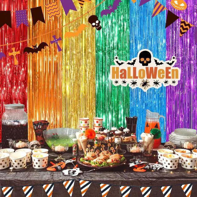 Alt view image 4 of 7 - Rainbow Metallic Tinsel Foil Fringe Curtains Backdrop 2Pack 3.3x8.3Ft Party Streamers for Birthday Party Decorations Halloween Christmas Decors Foil Curtain Backdrop for Bachelorette Bridal Party