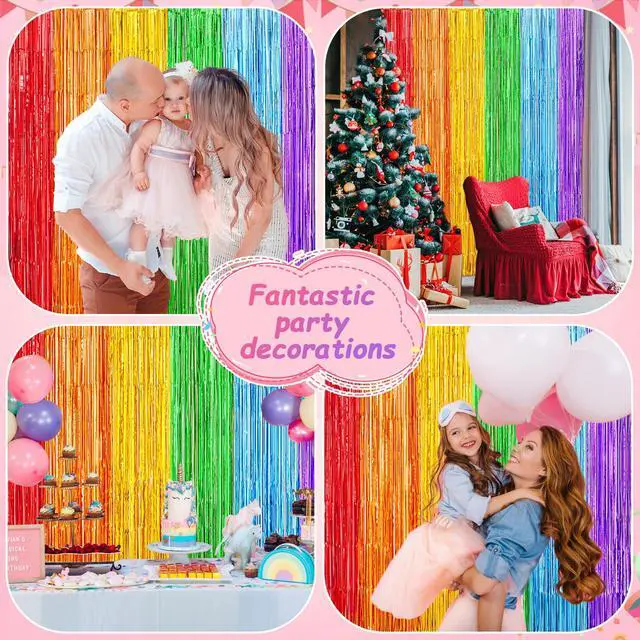 Alt view image 6 of 7 - Rainbow Metallic Tinsel Foil Fringe Curtains Backdrop 2Pack 3.3x8.3Ft Party Streamers for Birthday Party Decorations Halloween Christmas Decors Foil Curtain Backdrop for Bachelorette Bridal Party