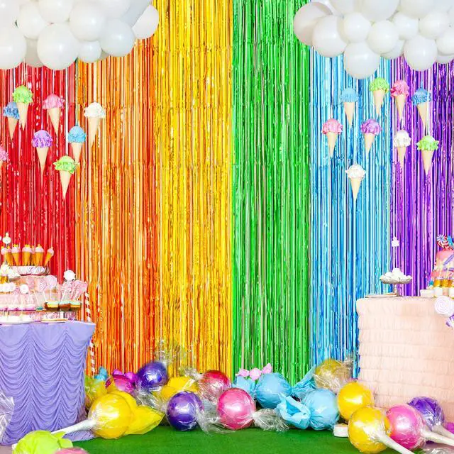 Alt view image 5 of 7 - Rainbow Metallic Tinsel Foil Fringe Curtains Backdrop 2Pack 3.3x8.3Ft Party Streamers for Birthday Party Decorations Halloween Christmas Decors Foil Curtain Backdrop for Bachelorette Bridal Party